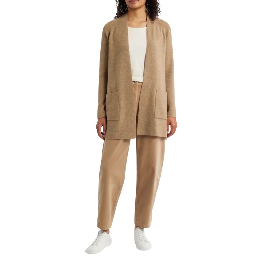 Halogen Womens Cashmere‎ Wool Blend Open Front Cardigan MEDIUM Khaki Tan Duster